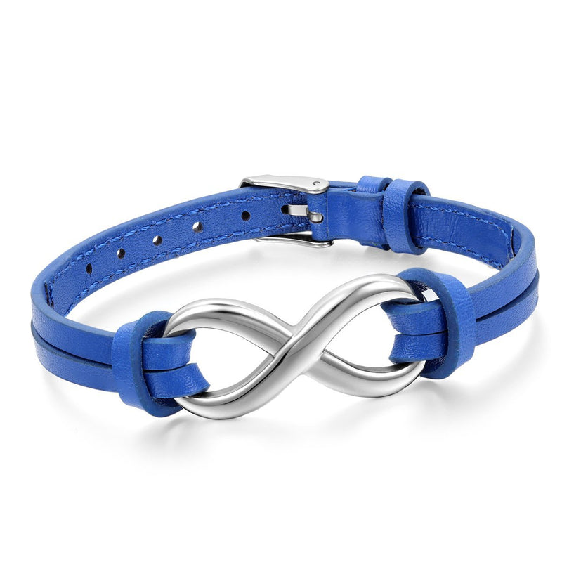 [Australia] - Cupimatch Love Infinity Couples Stainless Steel Blue Leather Bracelet Cuff for Men Women, Adjustable 