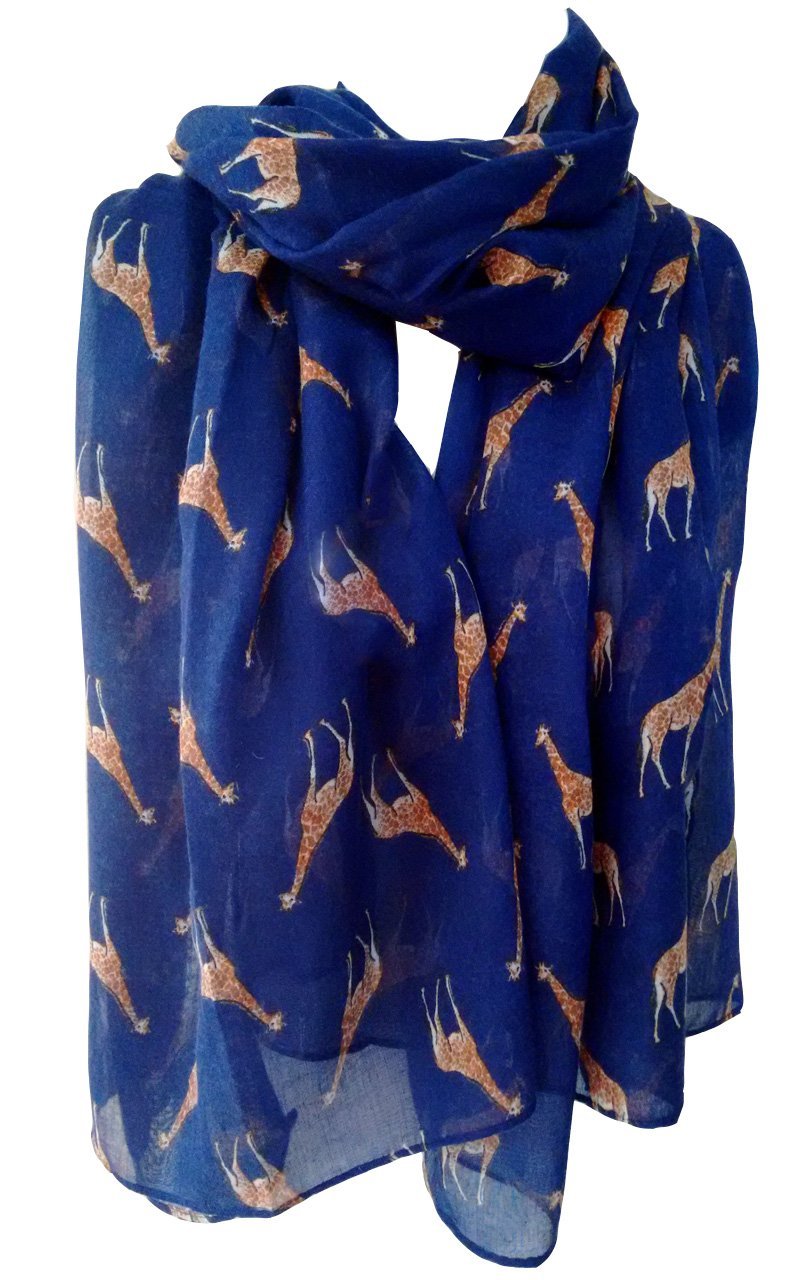 [Australia] - GlamLondon Giraffe Print Scarf Latest Fashion Ladies Modern Giraffa Animal Horse Wrap Shawl Navy Blue 