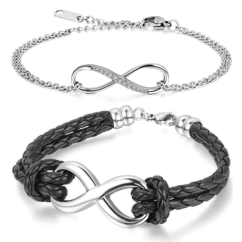 [Australia] - Cupimatch 2PCS Love Infinity Stainless Steel Leather Couples Bracelet Bangle for Men Women Couple Bracelets 