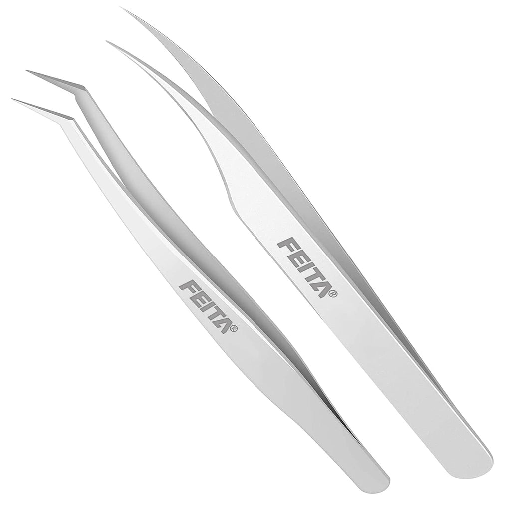 [Australia] - Volume Eyelash Extension Tweezers - FEITA Professional Stainless Steel Angled Curved Pointy Precision Tweezer Set for Single Lash, 3D-6D Volume Lashes, Hair Removal (2 Pcs) 