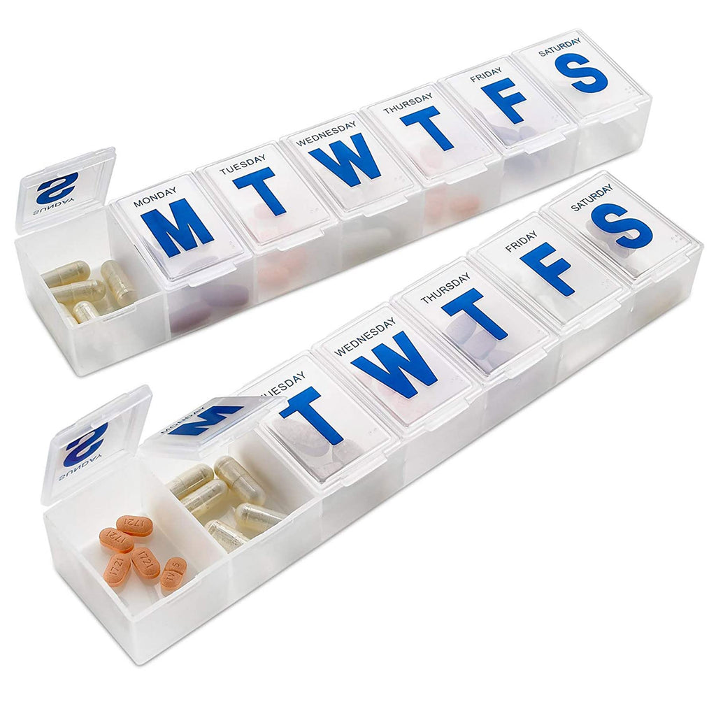 [Australia] - Weekly Pill Organizer - (Pack of 2) Extra Large Vitamin Container with Jumbo Easy to Read Letters, BPA Free - Daily Travel 7 Day Medication Pill Box Case 