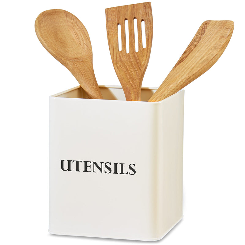 [Australia] - Andrew James Vintage Kitchen Utensil Holder Caddy | Large Retro Square Storage Holder Cream with Black Text | Vintage Style | 14cm x 14cm x 16.3cm 
