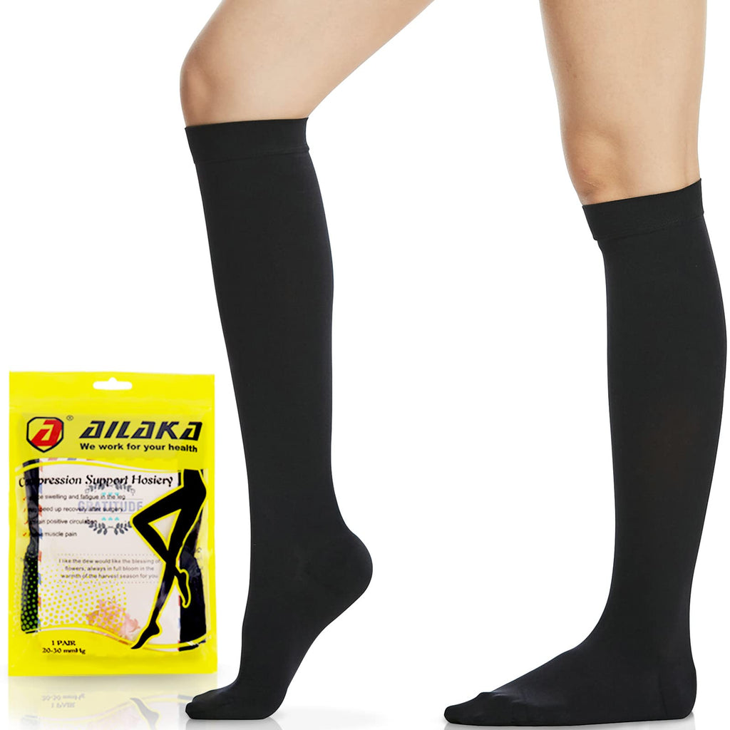 [Australia] - Ailaka 20-30 mmHg Compression Socks for Women & Men 1 Pair, Graduated Support Closed Toe Knee High Varices Stockings, Travel, Casual-Formal Hosiery Black S 