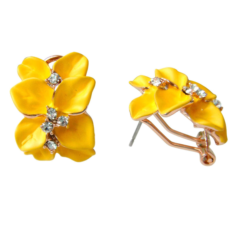 [Australia] - Navachi 18k Gold Plated Crystal Enamel Leaves Flower Omega Earrings Yellow 