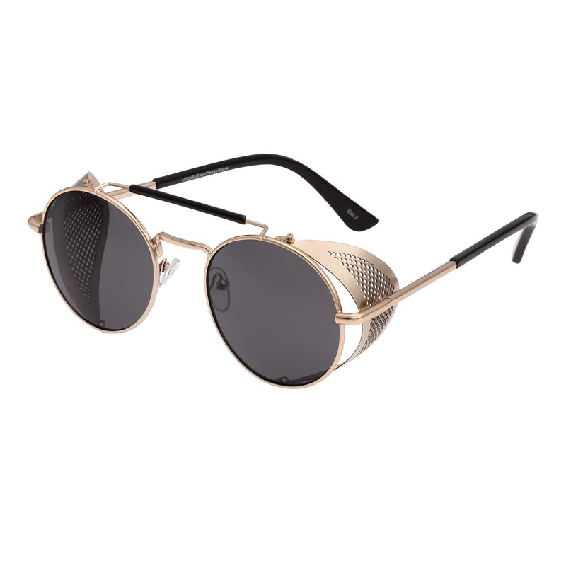 [Australia] - Steampunk Deep Blinder Sunglasses Retro Women Mens Round Goggles Glasses UV400 Gold With Black Lenses 
