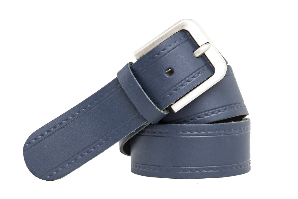 [Australia] - Shenky Patterned Leather Belt with Stainless Steel Screwed Buckle - 4cm Width 37.5” waist size Navy Side Stamping 
