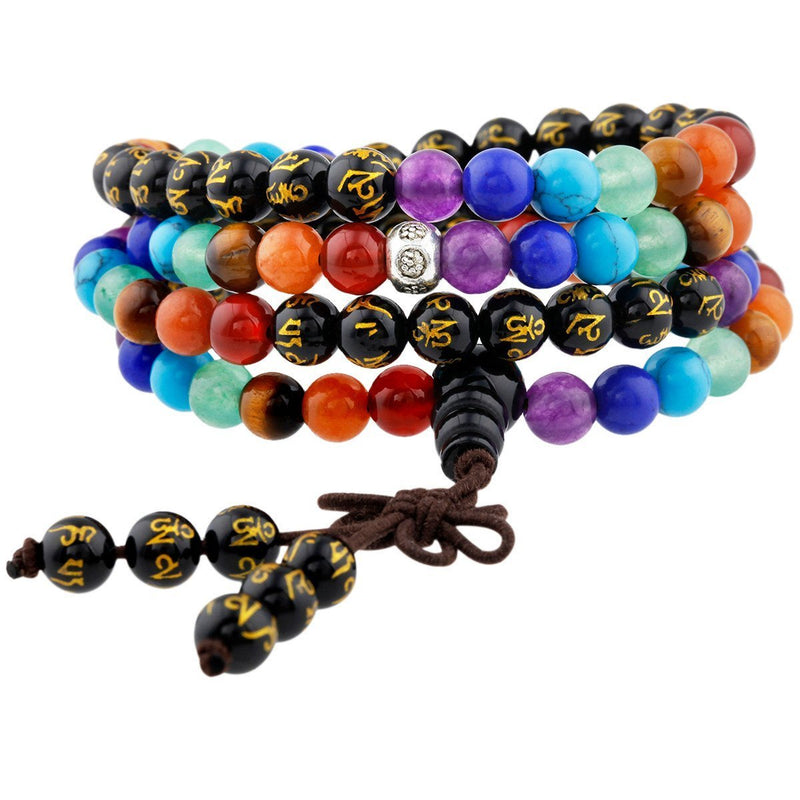[Australia] - Shanxing 108 Prayer Beads Mala Bracelet Tibetan Buddhist Buddha Meditation Stone Necklace,7 Chakra & Black Agate(Six Words Mantra) 