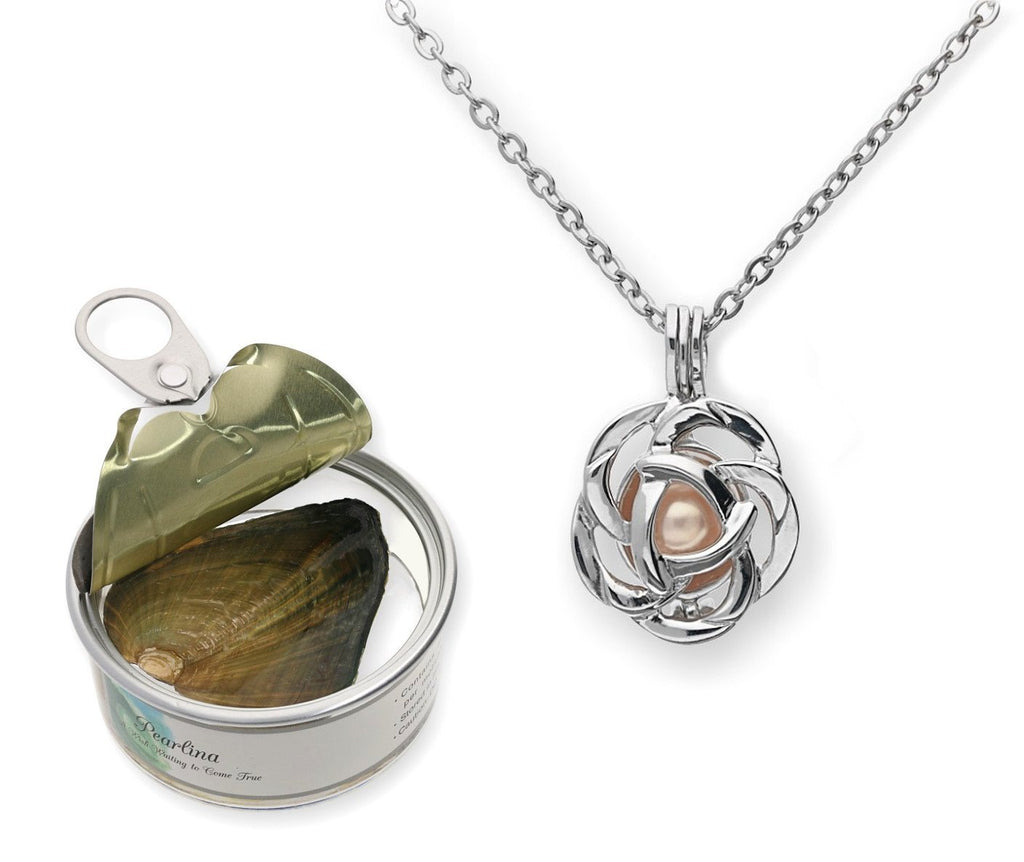 [Australia] - Pearlina Rose Flower Cultured Pearl Oyster Necklace Set Silver Plated Pendant w/Stainless Steel Chain 18" 