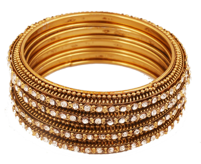 [Australia] - Touchstone "Golden Bangle Collection Indian Bollywood Stunning Hand Embellished Clear Rhinestone Grain Work Designer Jewelry Thick Bangle Bracelets Set of 4 for Women in Antique Gold Tone. Medium-2 Size 2-8 