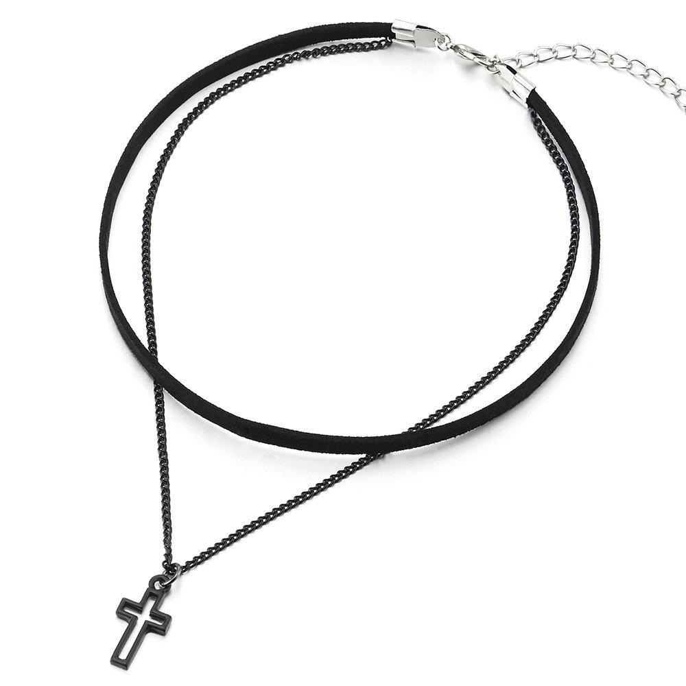 [Australia] - COOLSTEELANDBEYOND Ladies Womens Girls Two-Rows Black Choker Necklace with Black Chain and Cross Charm Pendant 