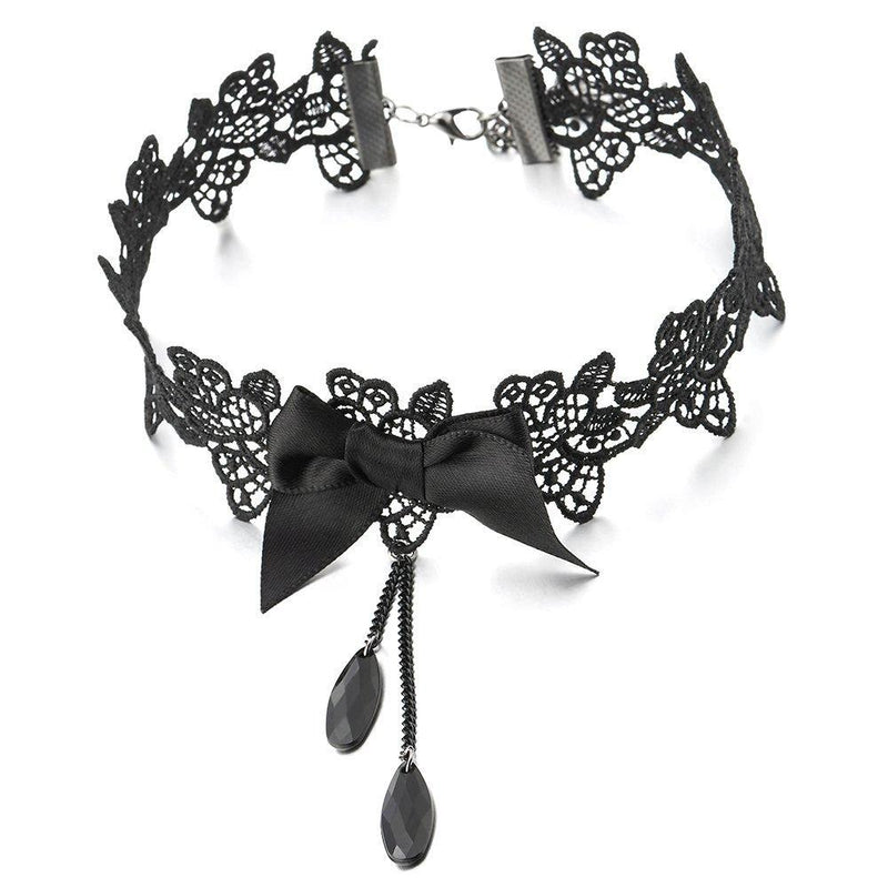 [Australia] - COOLSTEELANDBEYOND Gothic Victorian Nostalgic Women Black Lace Bow Choker Necklace with Black Chain Beads Charm Pendant 