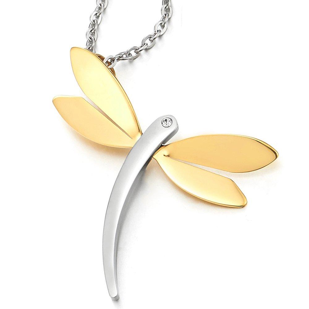 [Australia] - COOLSTEELANDBEYOND Girl Ladies Lovely Gold Silver Dragonfly Pendant Necklace, Steel with Cubic Zirconia, 20 Inche Chain 