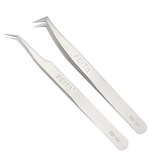 [Australia] - Precision Eyelash Extension Tweezers Set - FEITA Professional Slant & Angled Curved Pointed Volume Tweezers for 3D 4D 6D Lashes Extension - Silver - 2Pcs 