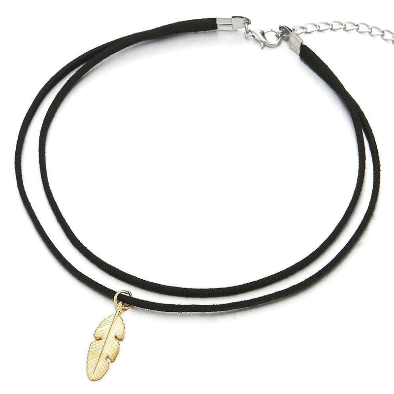 [Australia] - COOLSTEELANDBEYOND Ladies Womens Girls Two-Row Black Choker Necklace with Gold Color Feather 