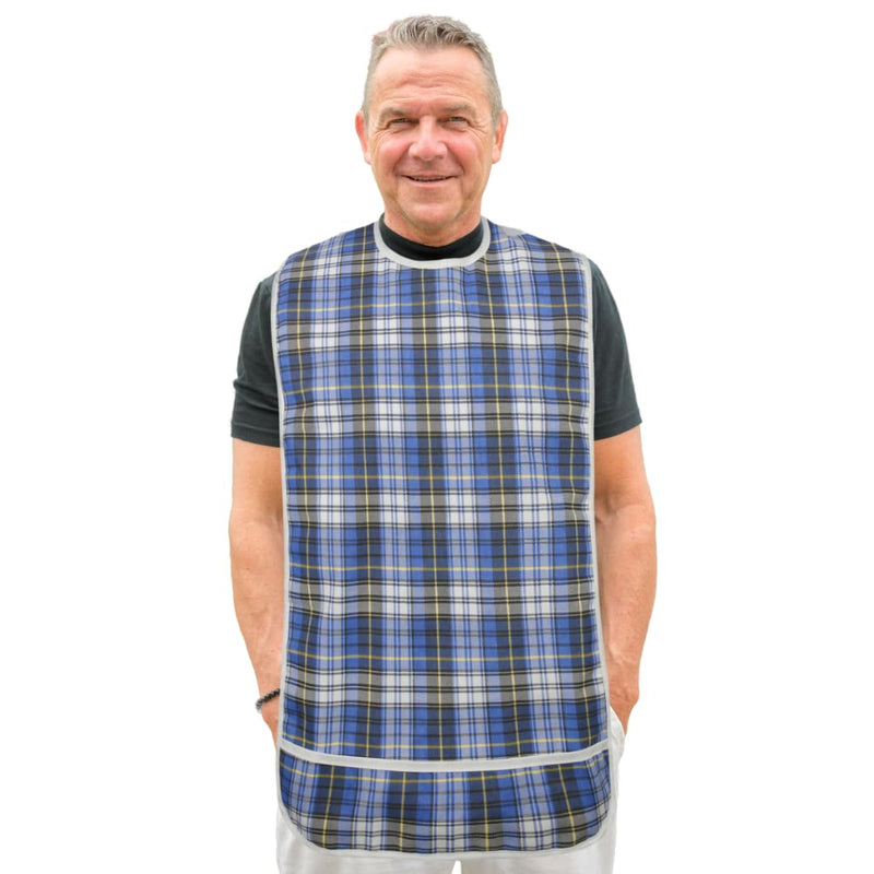 [Australia] - Modaliv Adult Bib - Reusable Clothing Protector - Waterproof - Crumb Catcher - Machine Washable - Extra Long Senior Men and Women Bibs for Eating (Blue) 