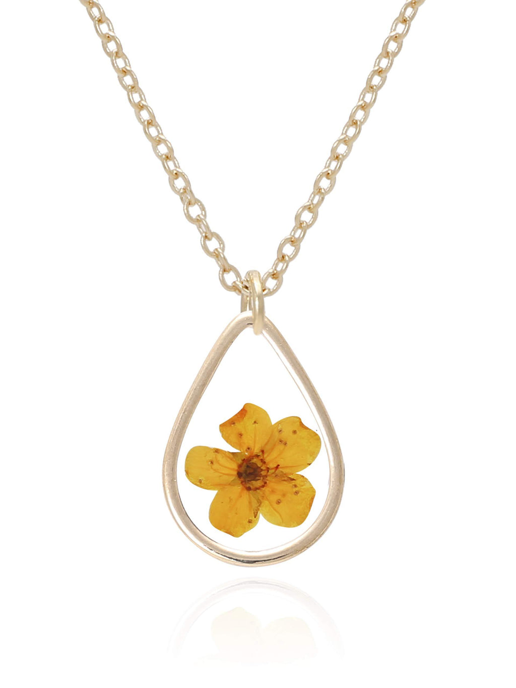 [Australia] - BONALUNA Women's Pressed Flower Tear Drop Frame Necklace Yellow 