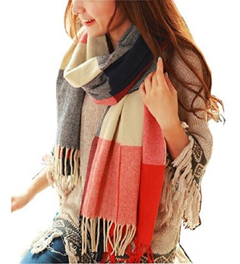 [Australia] - heekpek Winter Long Soft Warm Tartan Check Scarves Wraps for women Wool Spinning Tassel Shawl Long Stole Red Blue 