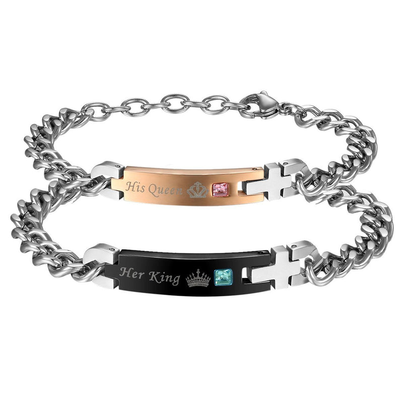 [Australia] - Cupimatch Stainless Steel His Queen Her King Couple Adjustable Bracelet Matching Set with Cubic Zirconia 