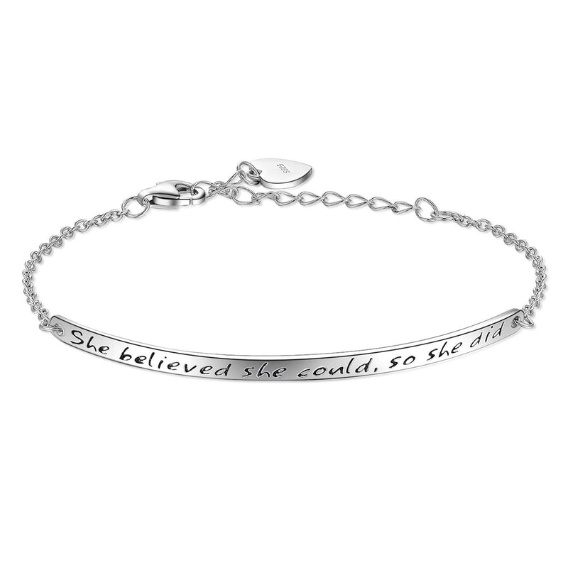 [Australia] - Billie Bijoux Women's 925 Sterling Silver Engraved Inspirational Adjustable Bracelet - She Believed She Could So She Did A1-silver 