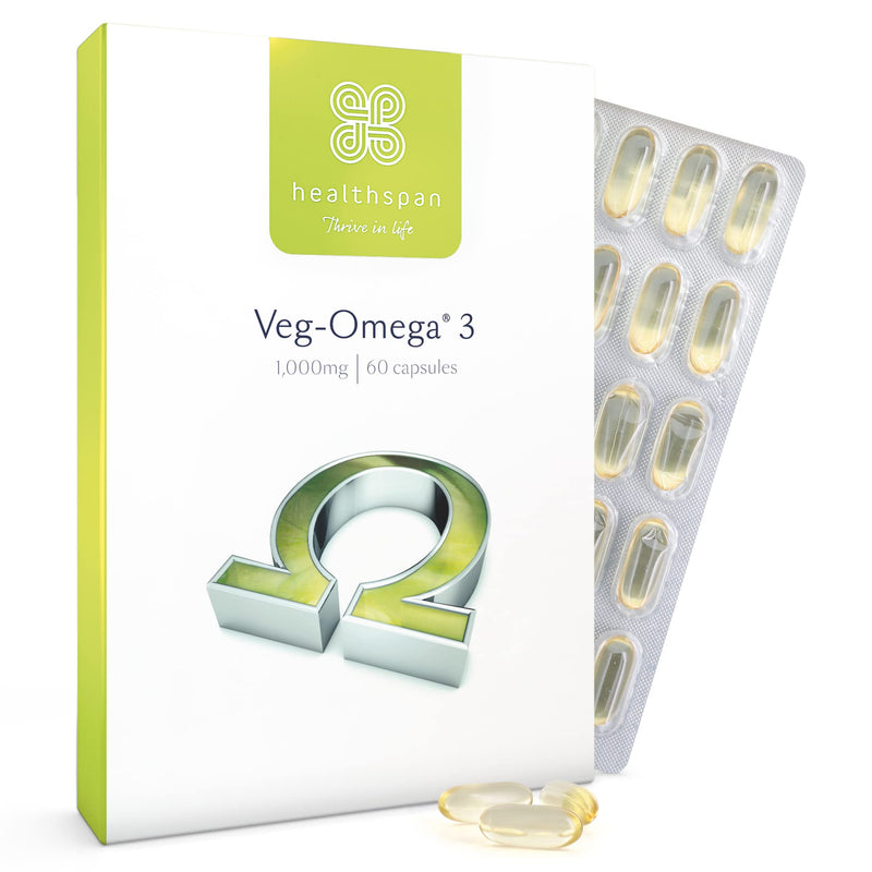 [Australia] - Healthspan Veg-Omega 3 1,000mg | 60 Capsules | Support Brain, Eye and Heart Health | Vegan Algal Source | No Fish | Omega 3 Fatty Acids DHA & EPA | Non-GMO | Vegan 