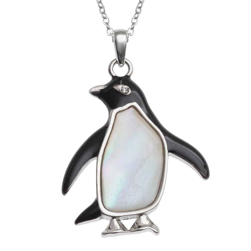 [Australia] - Kiara Jewellery Penguin Pendant Necklace Inlaid With Mother of Pearl on 18" Trace Chain. Non Tarnish Silver Colour Rhodium plated. 