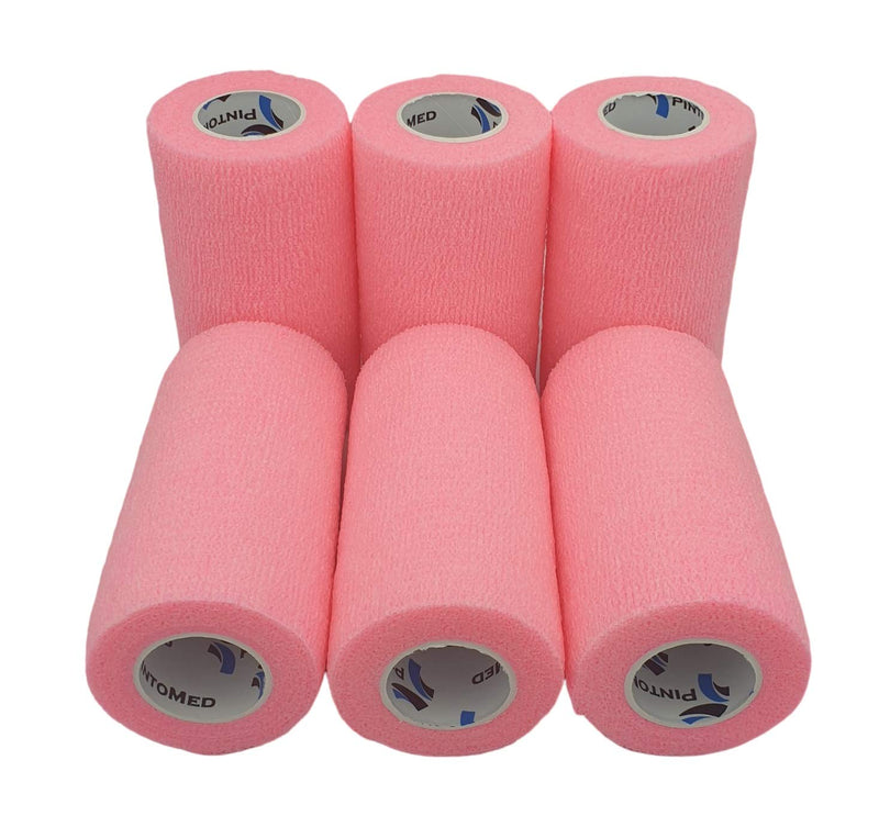 [Australia] - PintoMed - PINK Cohesive Bandage Stretched 6 Rolls x 10cm x 4.5m Self-adhesive Flexible Bandages, Professional Quality, First Aid Sports Wrap Bandages - Pack of 6 