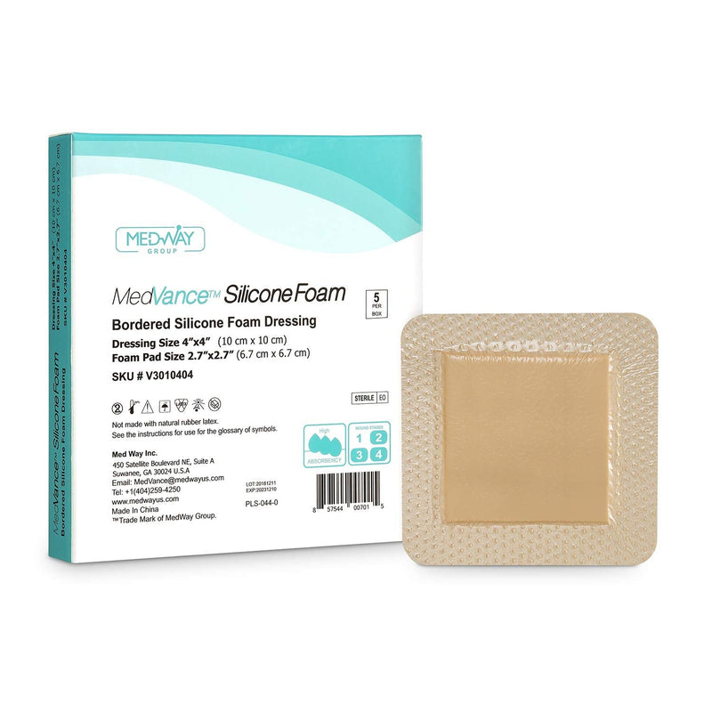 [Australia] - MedVance TM Silicone - Bordered Silicone Adhesive Foam Dressing Size 4"x4" (2.7"x2.7" pad), Box of 5 dressings 