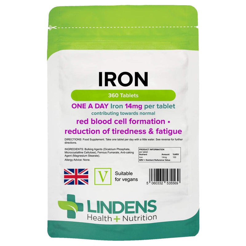 [Australia] - Lindens Iron 14mg Tablets - 360 Vegan Tablets - Reduce Tiredness, Increase Energy | Creates Healthy Red Blood Cells, Normal Oxygen Transportation | Made in The UK | (12 Months Supply) 