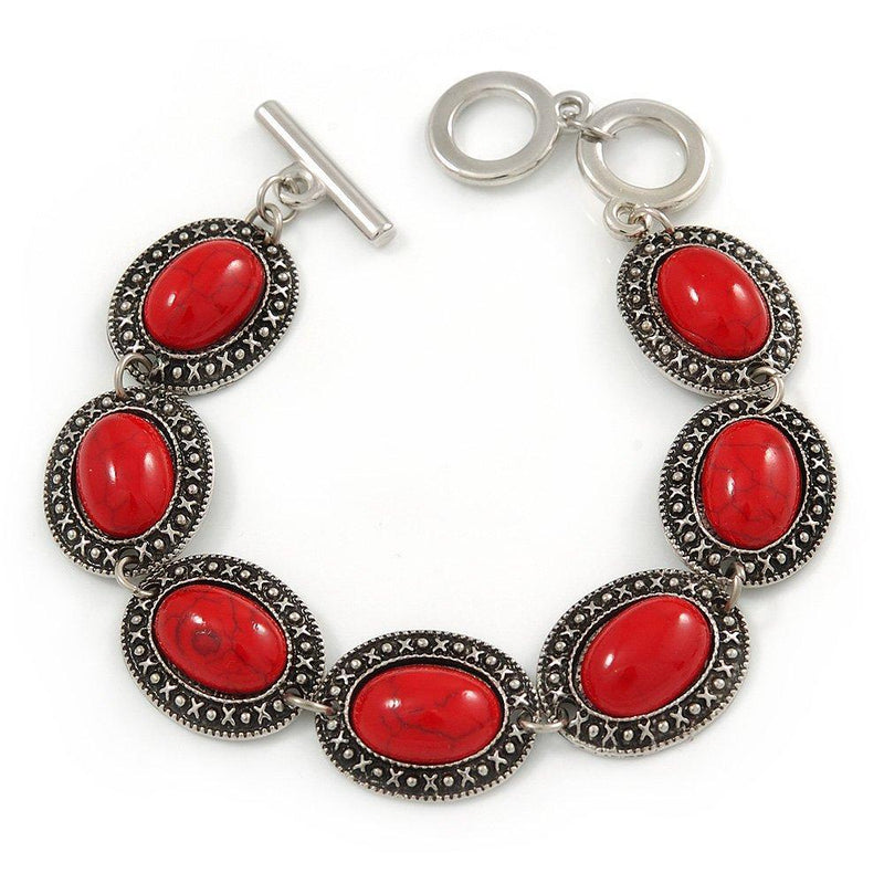 [Australia] - Vintage Inspired Coral Red Oval Ceramic Stone Etched Bracelet with Toggle Clasp -18cm L 