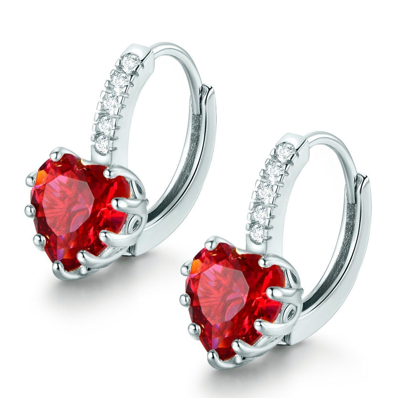 [Australia] - MASOP 925 Sterling Silver CZ Huggie Hoop Earrings for Women Colorful Round Cut/Princess Cut/Heart Cut Birthstone Crystal Heart Cut July Ruby Color 