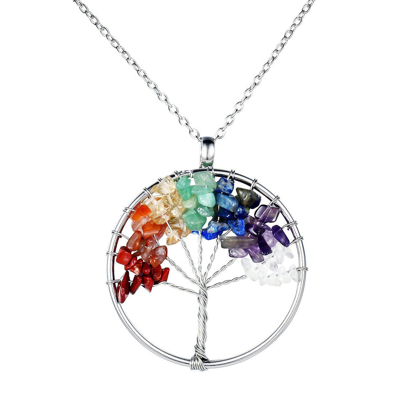 [Australia] - Tree of Life Necklace Vintage Crysta 7 Chakras Gemstone Pendant Amethyst Pendant Necklace Jewelry Gift for Men and Women 