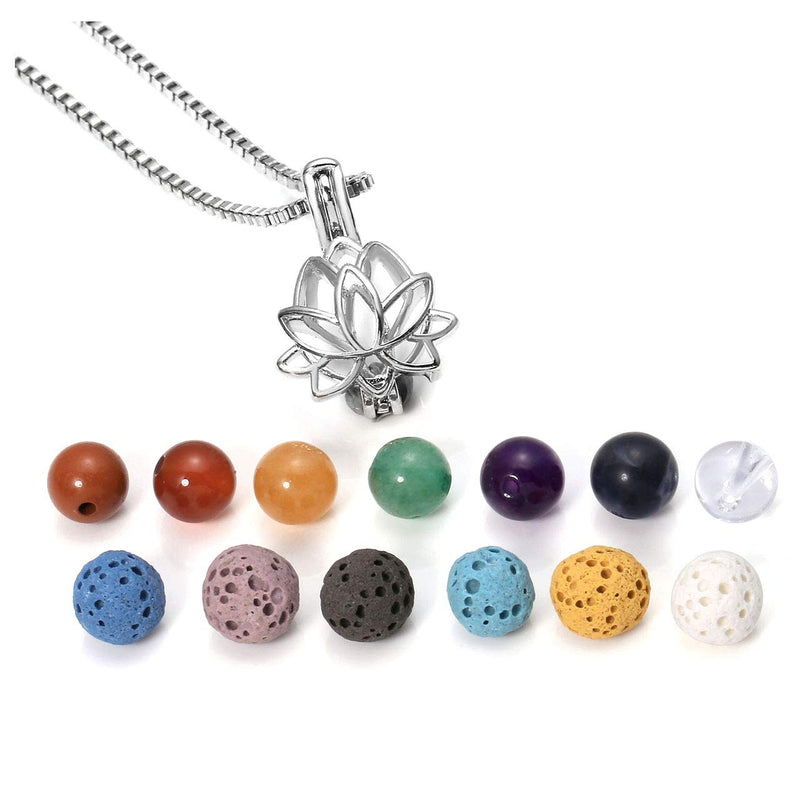 [Australia] - Jovivi Aromatherapy Essential Oil Diffuser Necklace Lotus Flower Locket Pendant + 6 Dyed Lava Stone Beads + 7 Chakra Healing Crystals Women Jewellery Gifts 