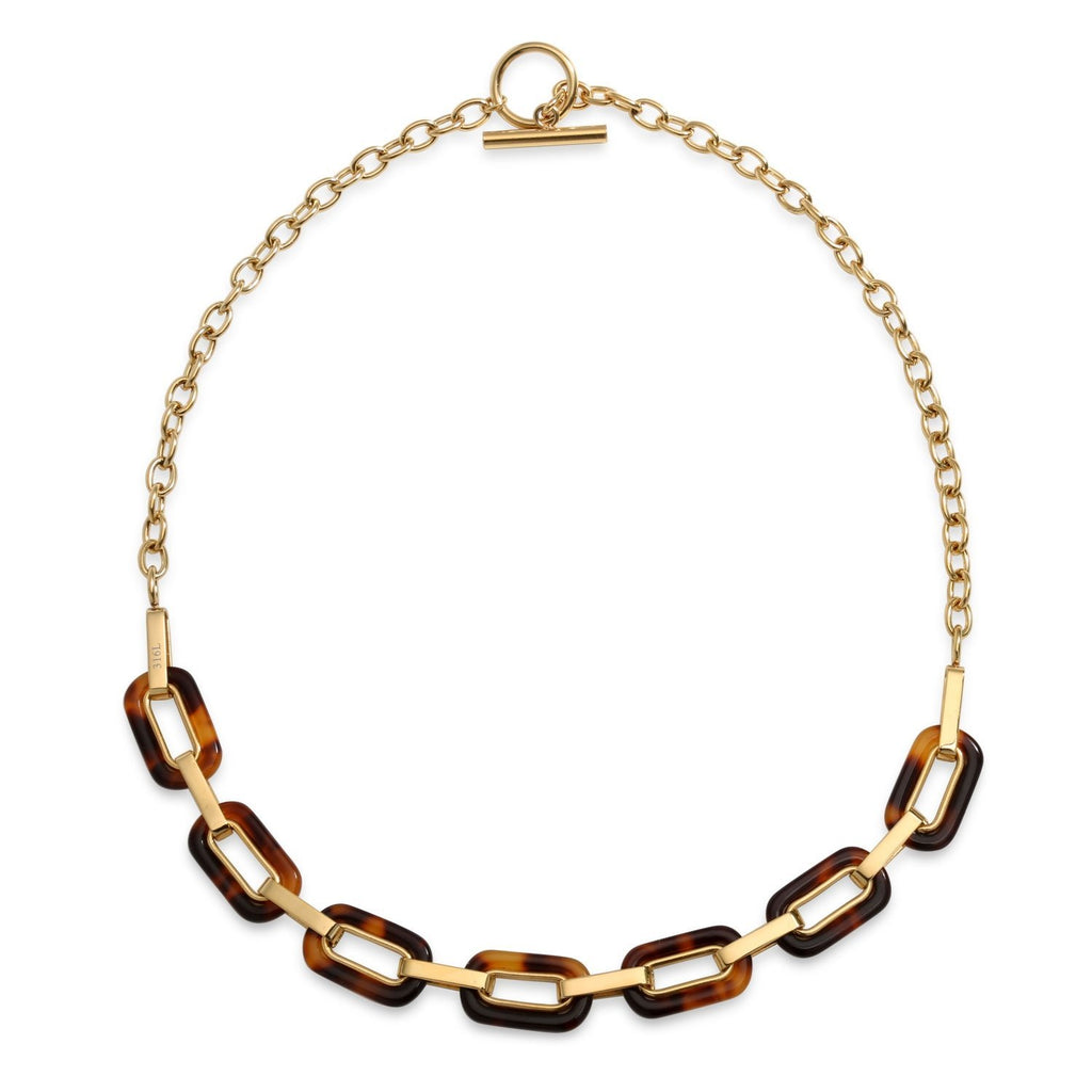 [Australia] - Bling Jewelry Fashion Brown Oval Link Tortoise Shell Collar Necklace for Women for Teen 14K Gold Plated Stainless Steel Toggle Clasp 