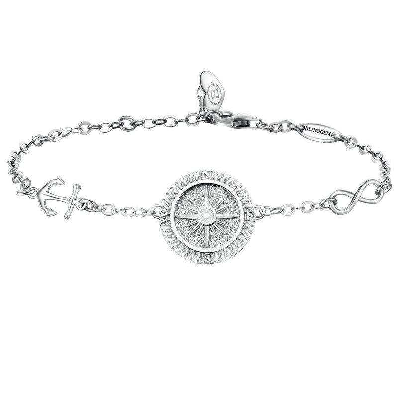 [Australia] - BlingGem Compass Bracelet for Women 925 Sterling Silver Engraved Direction Compass Charm Bracelet Symbol No Matter Where Birthday Graduation Mothers-day Gift for Women Daughter Wife 