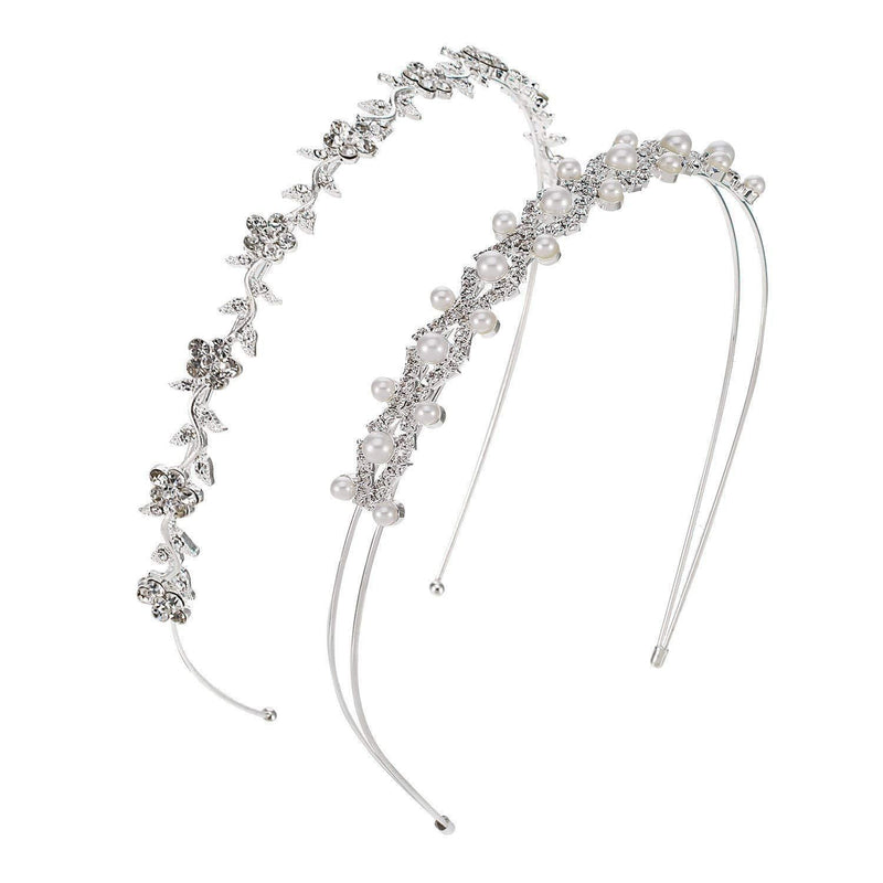 [Australia] - 2 Pieces Wedding Party Women's Faux Pearl Rhinestones Headband Flower and Leaves Crown Hair Band for Bride Bridesmaids 