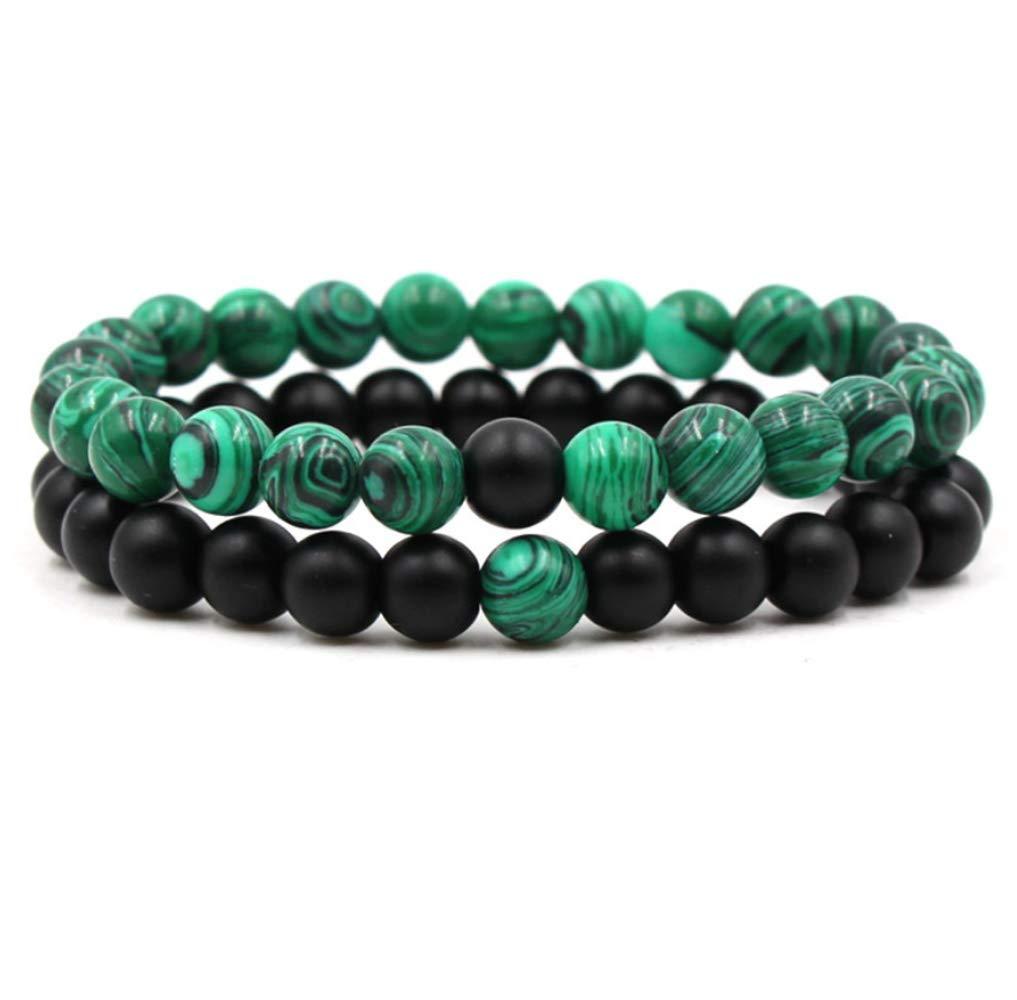 [Australia] - Belons Couple Stretch Bracelet 8mm Green Malachite & Black Matte Agate Energy Stones Beads Bracelets Distance Bracelet Set, 2pcs 