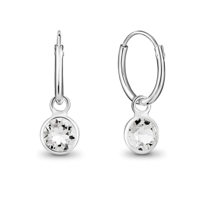 [Australia] - DTPsilver® 925 Sterling Silver SMALL Hoops Earrings - Dangling 5 mm Round Glittering Crystals from Swarovski® Elements - Diameter 12 mm - Many Colours to choose from White Crystal 