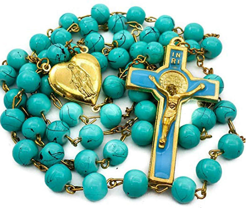 [Australia] - Saint Benedict Rosary Turquoise Glass Beads St San Benito Cross NR Medal Catholic Necklace 