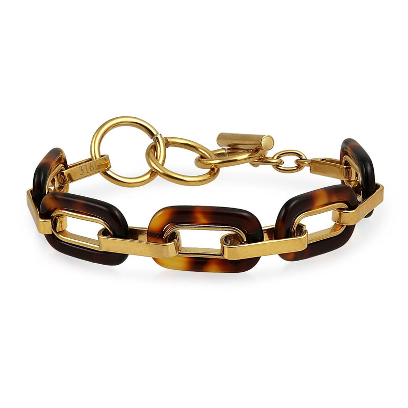 [Australia] - Bling Jewelry Fashion Brown Golden Acrylic Tortoise Shell Oval Chain Link Bracelet for Women Gold Plated Stainless Steel 