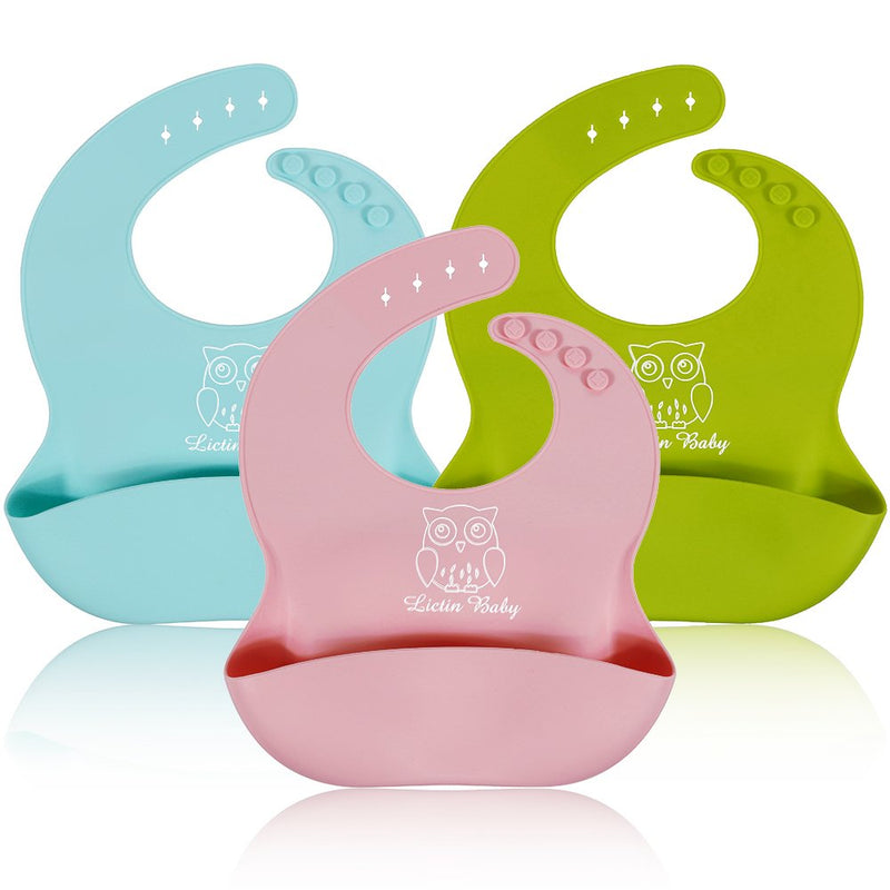 [Australia] - Lictin 3pcs Waterproof Silicone Baby Bibs Wide Food Crumb Catcher Pocket Unisex Bibs Quick Drying Comfortable Food Grade Material Bibs Bacteria Resistant for Infant Toddler Under 3 Years Old 