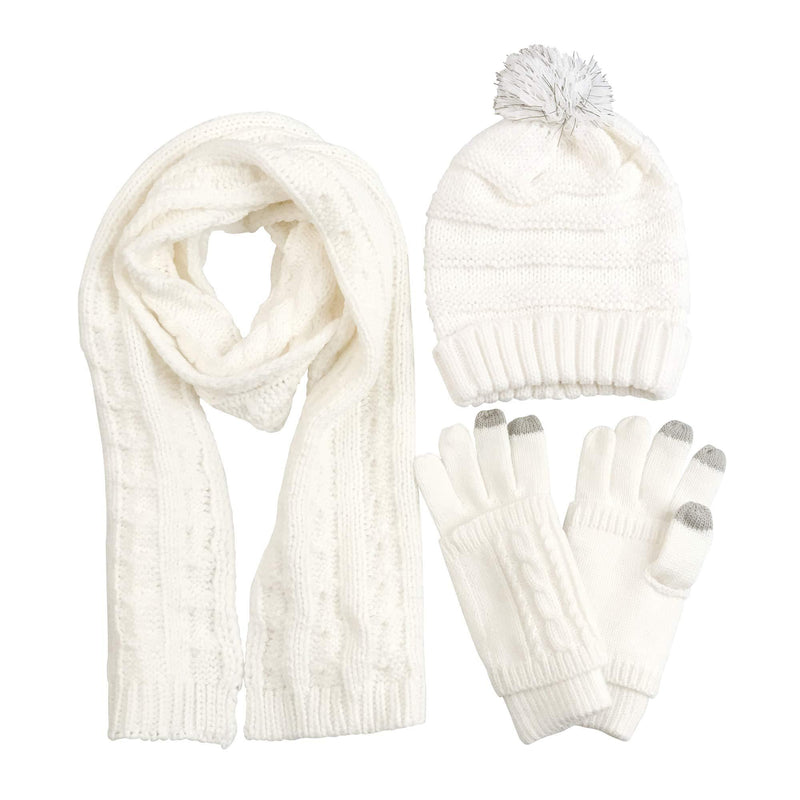[Australia] - Scarf Hat Glove Sets Cable Knit Winter Gift Set Pompom Hat Touch Screen Gloves Long Scarf 3pcs Cold Weather Warm Set for Women Girls White 