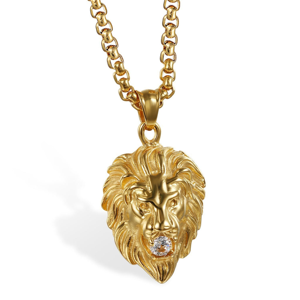 [Australia] - JewelryWe men's stainless steel necklace with lion head shaped pendant with cubic zirconia, Gothic, punk, rock style, 22 inch (approx. 56 cm) chain Gold 
