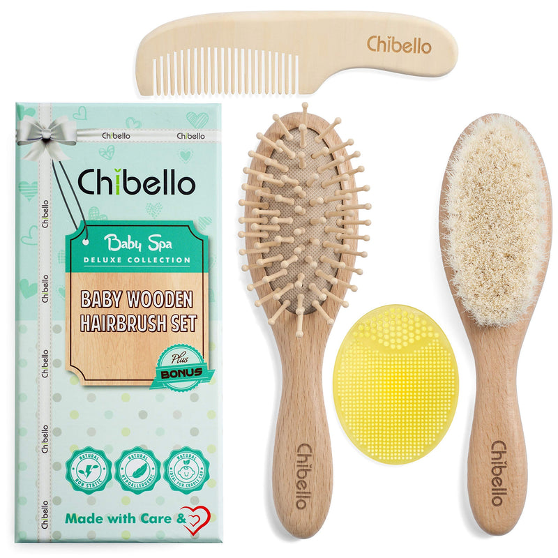 [Australia] - Chibello 4 Piece Wooden Baby Hair Brush and Comb Set Natural Goat Bristles Brush for Cradle Cap Treatment Wood Bristle Brush for Newborns and Toddlers Perfect for Baby Shower and Registry 