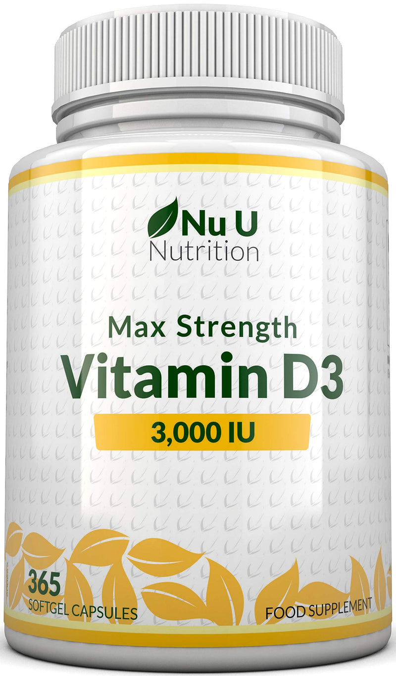 [Australia] - Vitamin D 3000 IU 365 Softgels (Full Year Supply) | Triple Strength Vitamin D3 Supplement | High Absorption Cholecalciferol | Gluten & Dairy Free by Nu U Nutrition 
