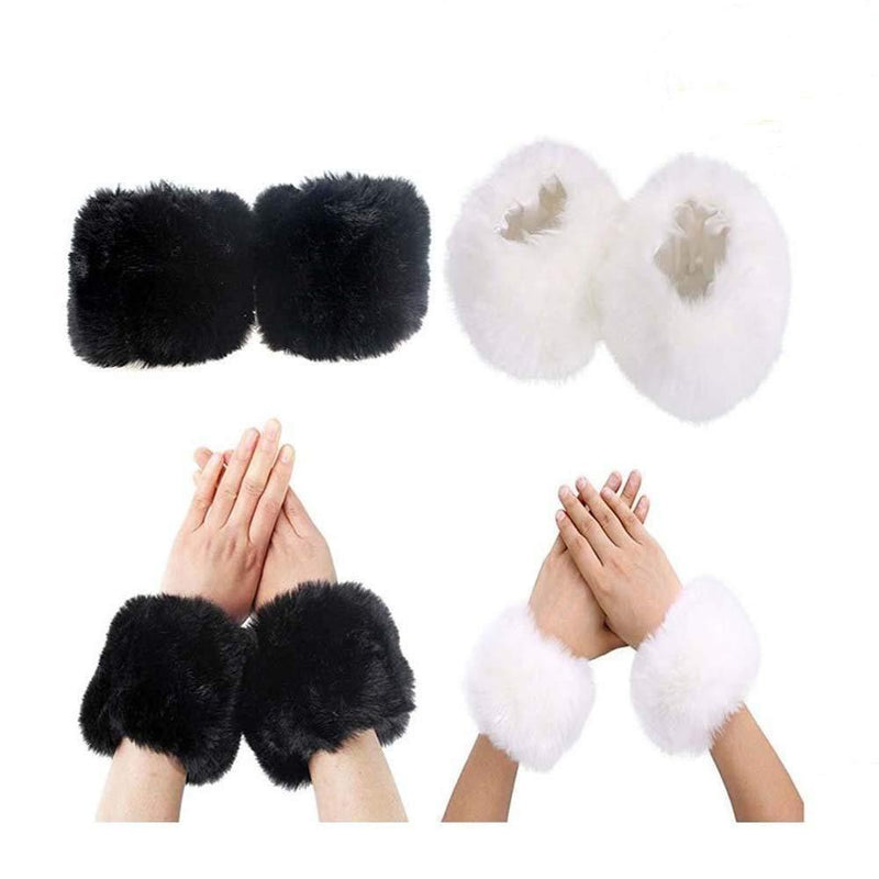 [Australia] - EQLEF® Faux Fur Wrist Band Ring Cuffs, Soft Winter Arm Warmer Sleeves For Women Black and white 