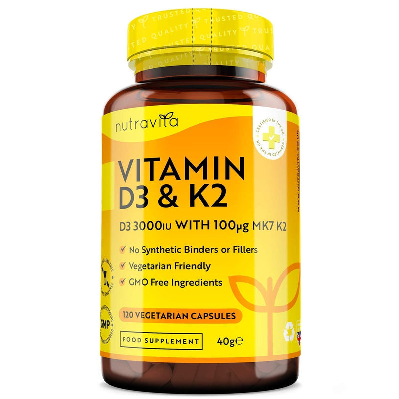 [Australia] - Vitamin D3 3000iu & K2 100ug (MK7) – 120 Vitamin D3 K2 Vegetarian Capsules – Supports Normal Bones, Muscles, Teeth and Immune System – Cholecalciferol & Menaquinone-7 – Made in The UK by Nutravita 