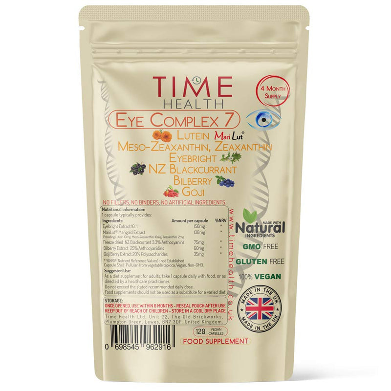 [Australia] - Eye Complex 7: Lutein, Meso-Zeaxanthin, Zeaxanthin, NZ Blackcurrant, Bilberry, Goji & Eyebright – 4 Month Supply – UK Manufactured (120 Capsule Pouch) 120 Count (Pack of 1) 