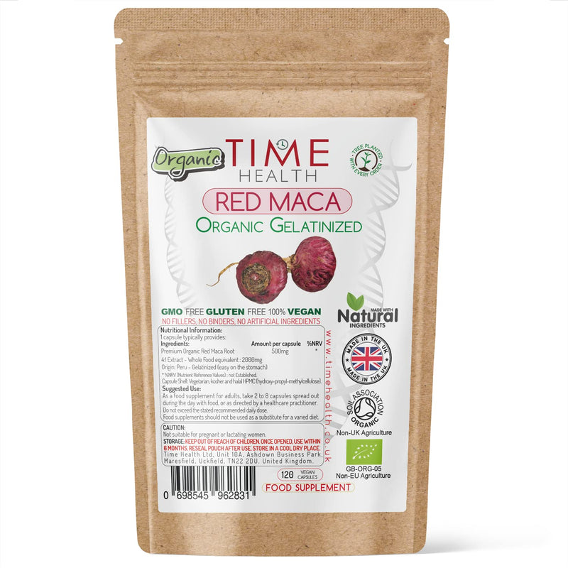 [Australia] - Maca - Organic: Red Maca Root 2000mg Capsules Gelatinized Certified Organic - UK Manufactured - Pullulan (120 Capsule Pouch) 120 Count (Pack of 1) 