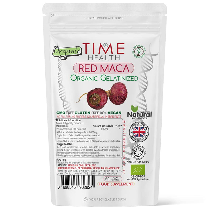 [Australia] - Red Maca Root 2000mg Capsules Gelatinized Certified Organic - UK Manufactured - Pullulan (60 Capsule Pouch) 60 Count (Pack of 1) 
