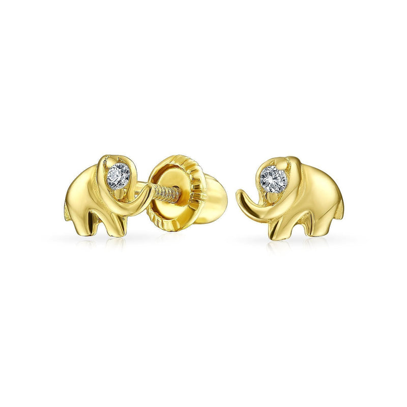 [Australia] - Tiny Minimalist CZ Accent Zoo Animal Lucky Elephant Stud Earrings For Women Teen Real 14K Gold Screwback For Sensitive Ears 